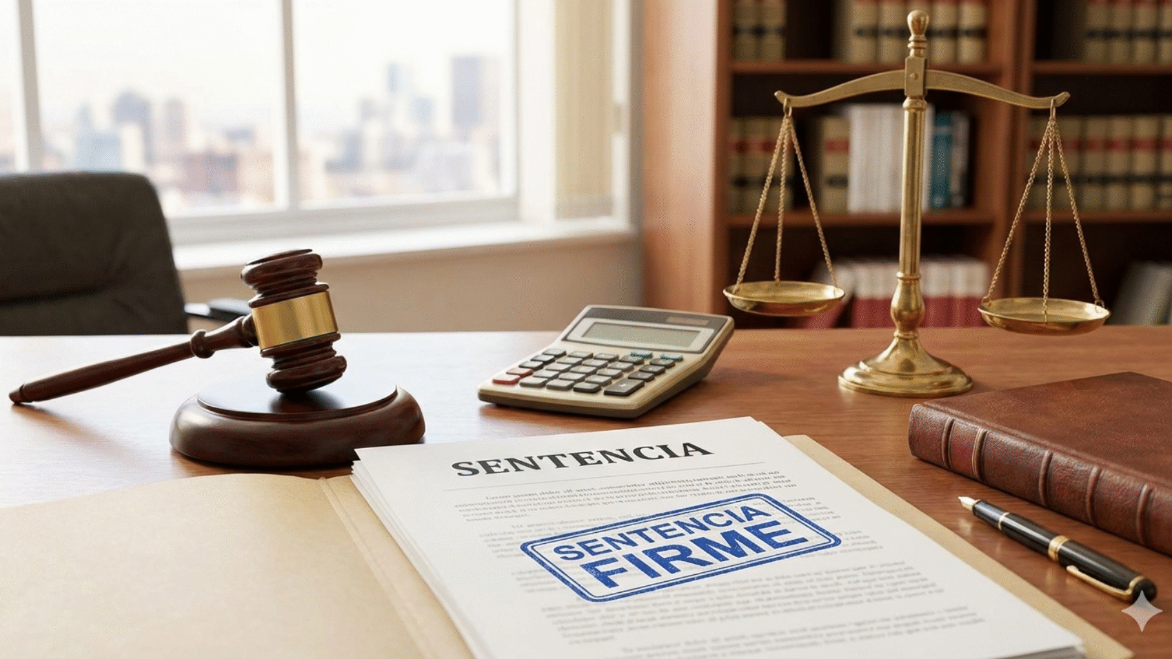 Escritorio legal con martillo de juez, balanza y documento con sello de 'Sentencia Firme', ilustrando un fallo favorable contra ANSES por reajuste jubilatorio y pago retroactivo.