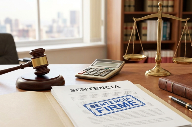 Escritorio legal con martillo de juez, balanza y documento con sello de 'Sentencia Firme', ilustrando un fallo favorable contra ANSES por reajuste jubilatorio y pago retroactivo.