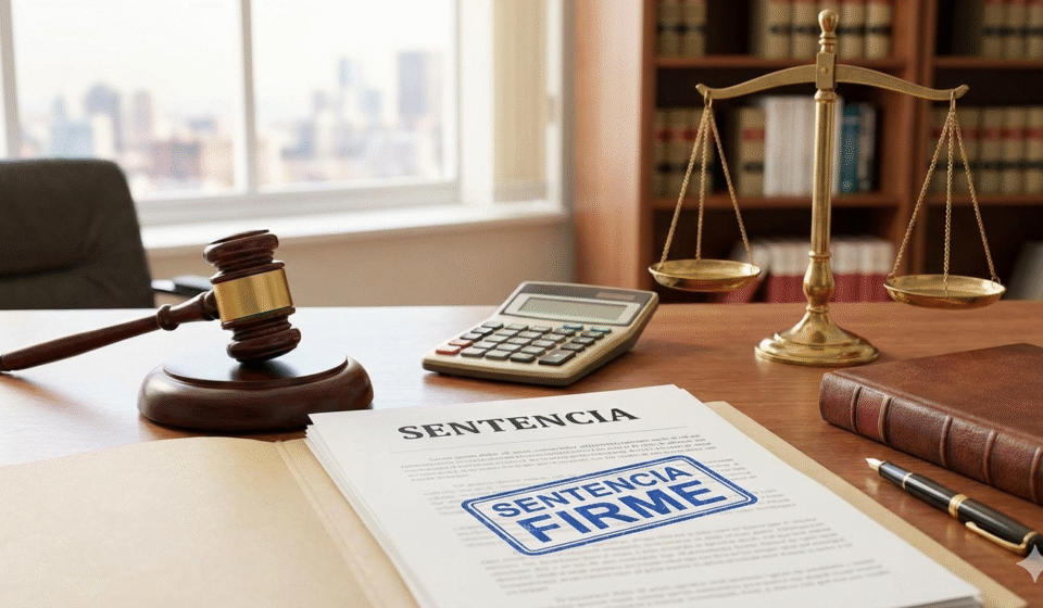 Escritorio legal con martillo de juez, balanza y documento con sello de 'Sentencia Firme', ilustrando un fallo favorable contra ANSES por reajuste jubilatorio y pago retroactivo.