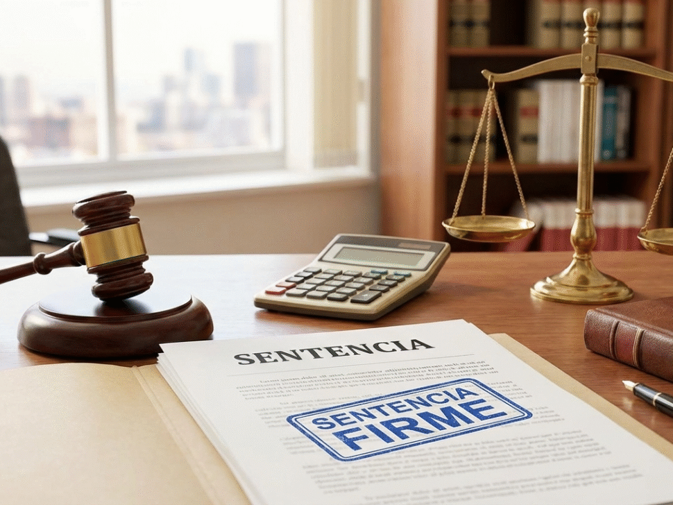 Escritorio legal con martillo de juez, balanza y documento con sello de 'Sentencia Firme', ilustrando un fallo favorable contra ANSES por reajuste jubilatorio y pago retroactivo.